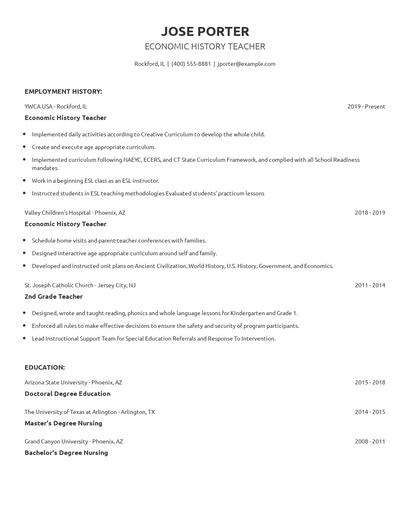 Economic History Teacher Resume