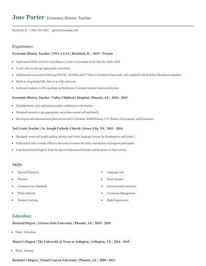 Economic History Teacher Resume