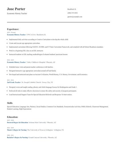 Economic History Teacher Resume