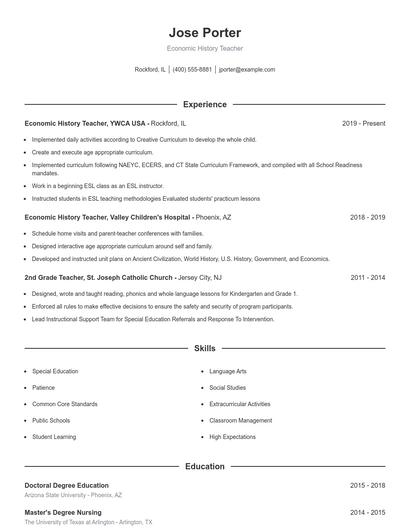 Economic History Teacher Resume