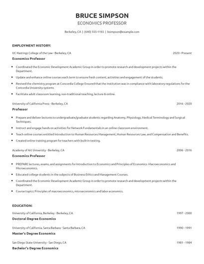 Economics Professor Resume