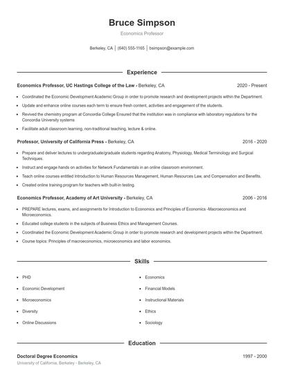 Economics Professor Resume