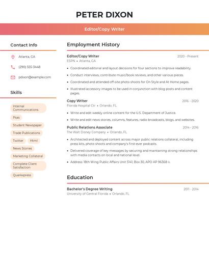 Editor/Copy Writer Resume