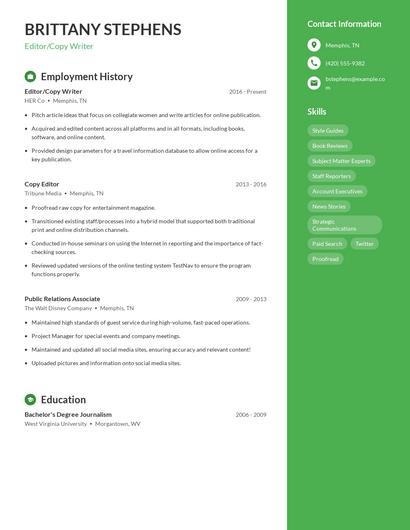 Editor/Copy Writer Resume