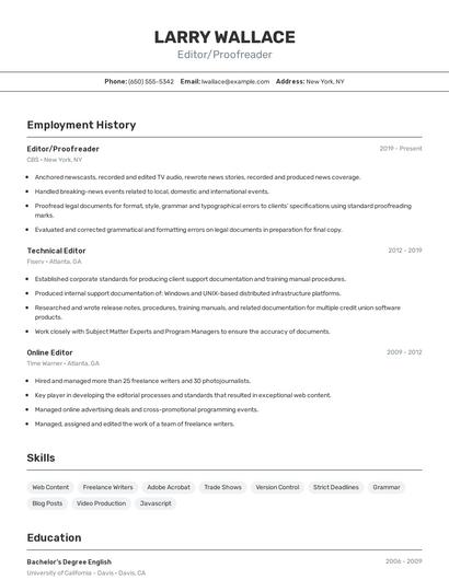 Editor/Proofreader Resume