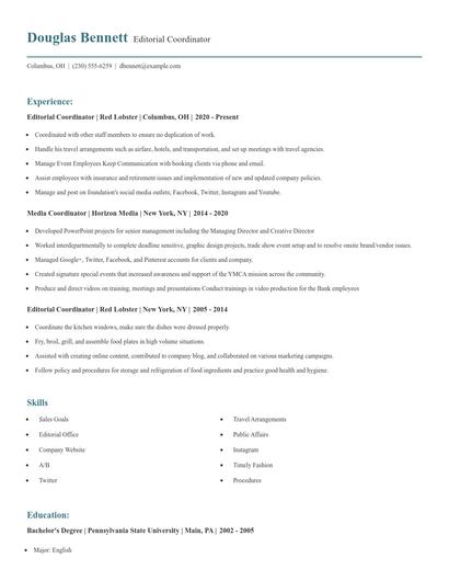 Editorial Coordinator Resume