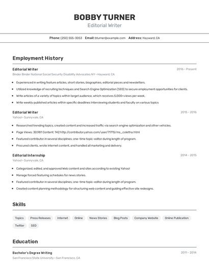 Editorial Writer Resume