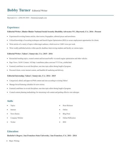 Editorial Writer Resume