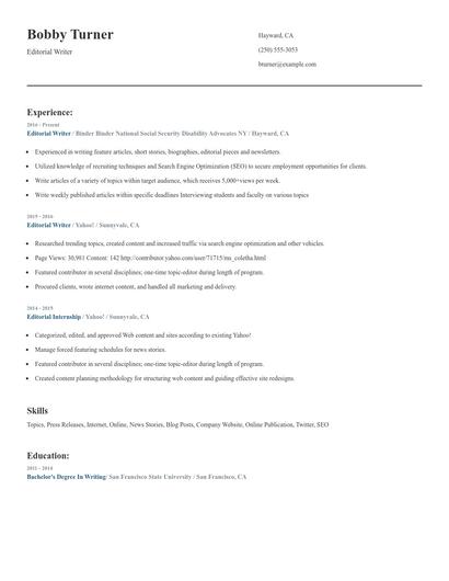 Editorial Writer Resume