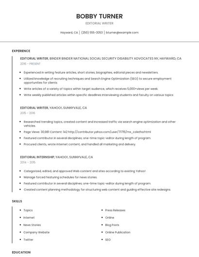 Editorial Writer Resume