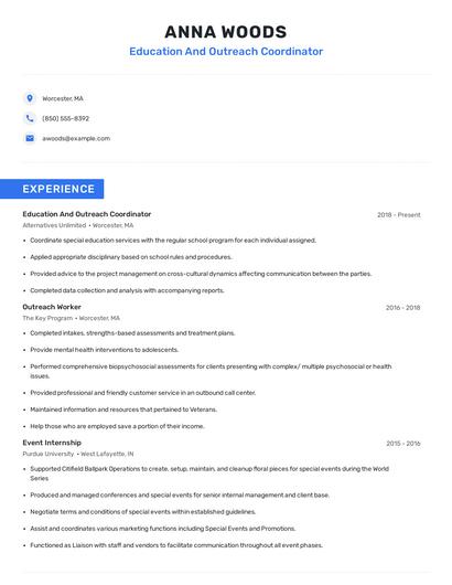 Education And Outreach Coordinator Resume