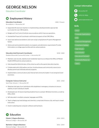 Education Coordinator Resume