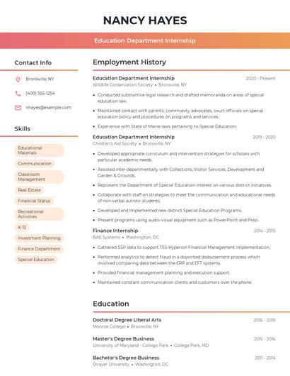 Education Department Internship Resume