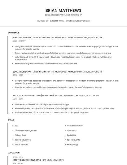 Education Department Internship Resume