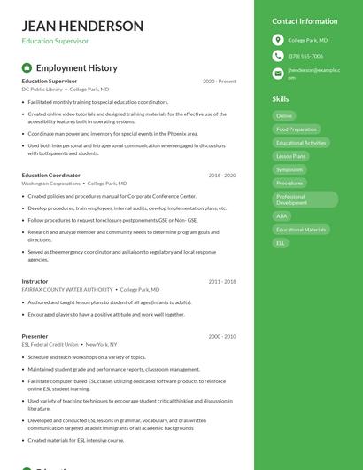 Education Supervisor Resume