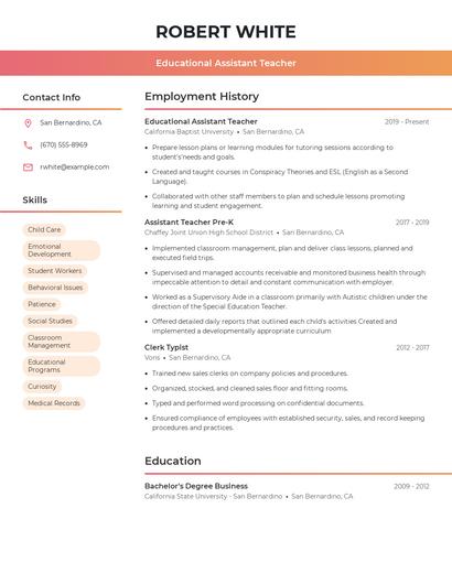 Educational Assistant Teacher Resume