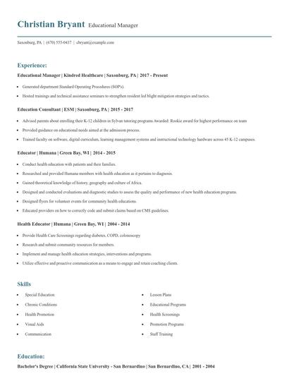 Educational Manager Resume
