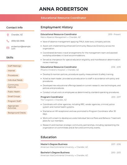 Educational Resource Coordinator Resume