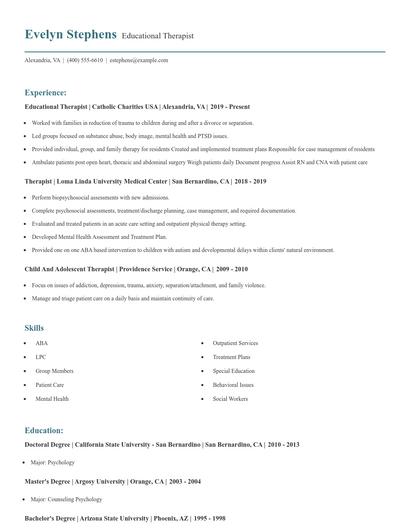 Educational Therapist Resume