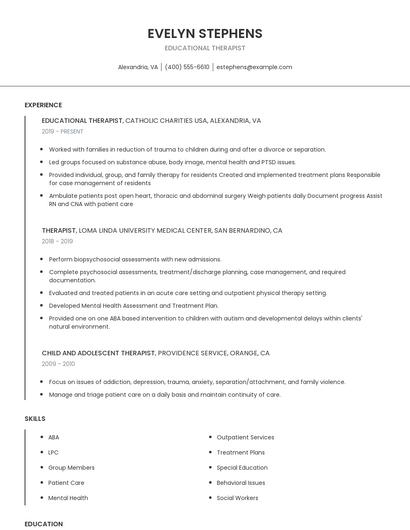 Educational Therapist Resume