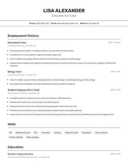 Educational Tutor Resume