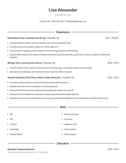 Educational Tutor Resume