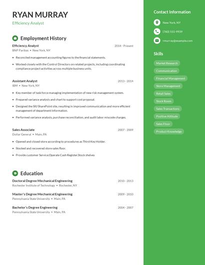 Efficiency Analyst Resume