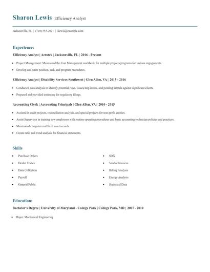 Efficiency Analyst Resume