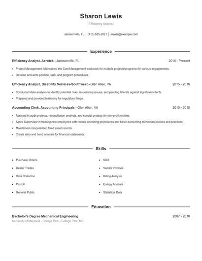 Efficiency Analyst Resume