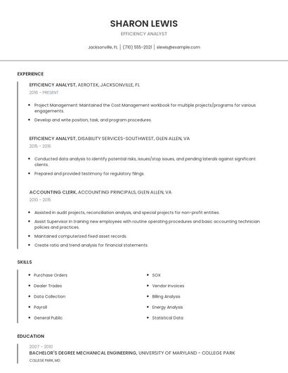 Efficiency Analyst Resume