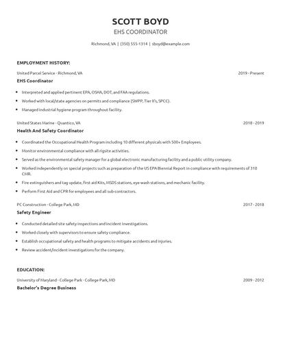 EHS Coordinator Resume