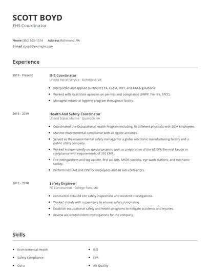 EHS Coordinator Resume