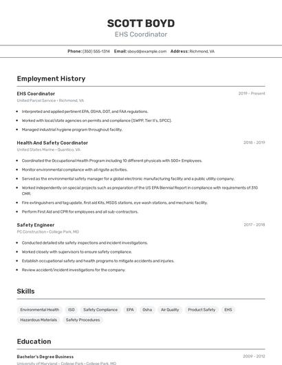 EHS Coordinator Resume