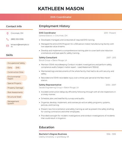 EHS Coordinator Resume