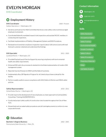 EHS Coordinator Resume