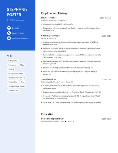 EHS Coordinator Resume