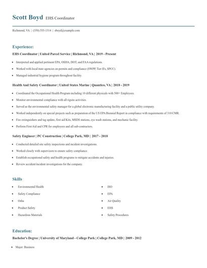 EHS Coordinator Resume