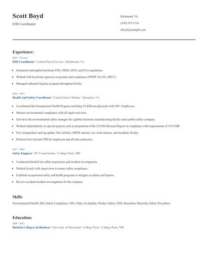 EHS Coordinator Resume