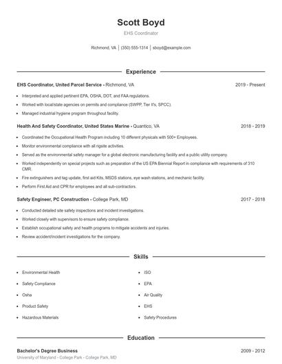 EHS Coordinator Resume