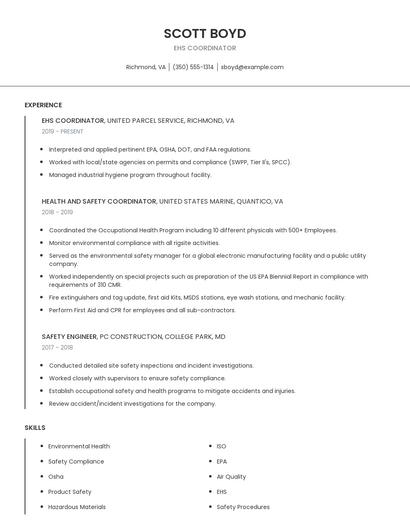EHS Coordinator Resume