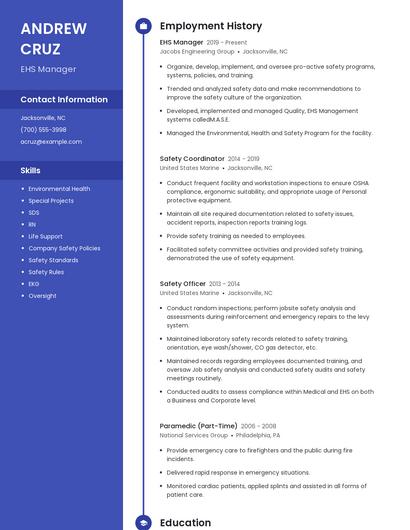 EHS Manager Resume