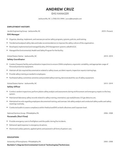 EHS Manager Resume