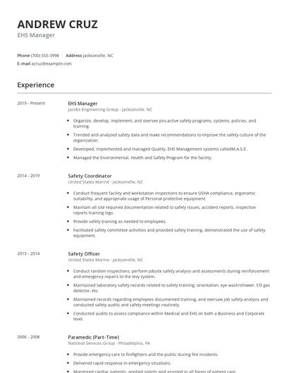 EHS Manager Resume