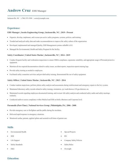 EHS Manager Resume