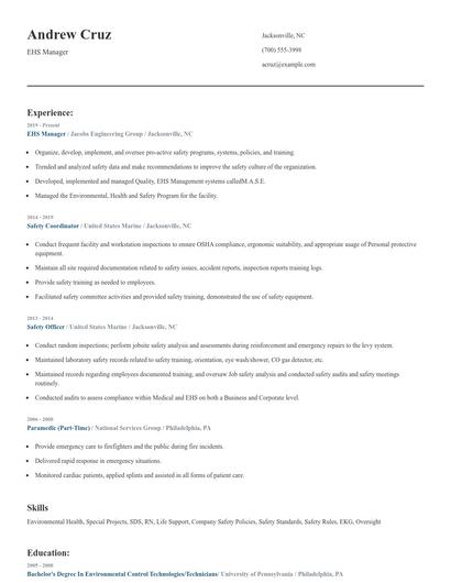 EHS Manager Resume
