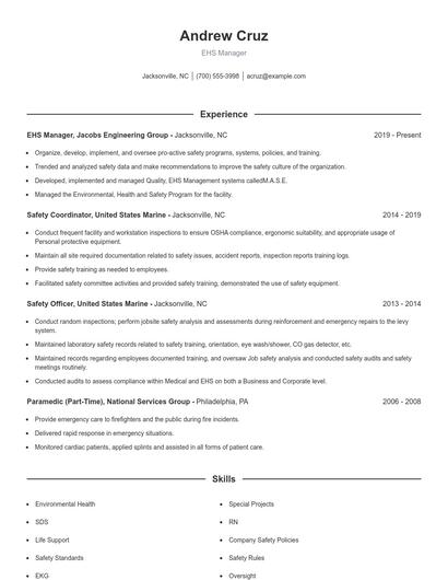 EHS Manager Resume