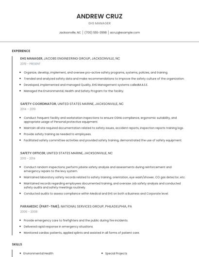 EHS Manager Resume