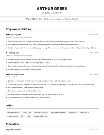 Elderly Caregiver Resume
