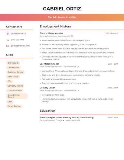 Electric Meter Installer Resume