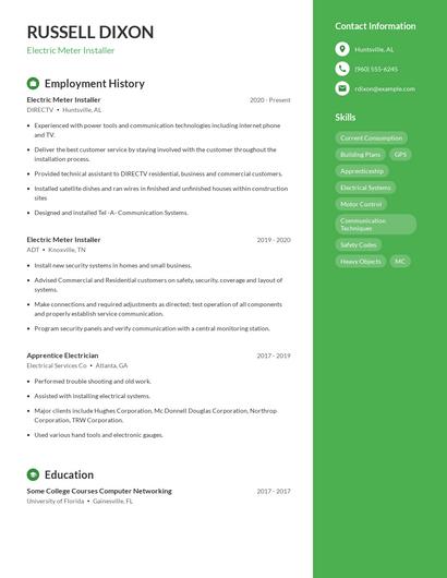 Electric Meter Installer Resume